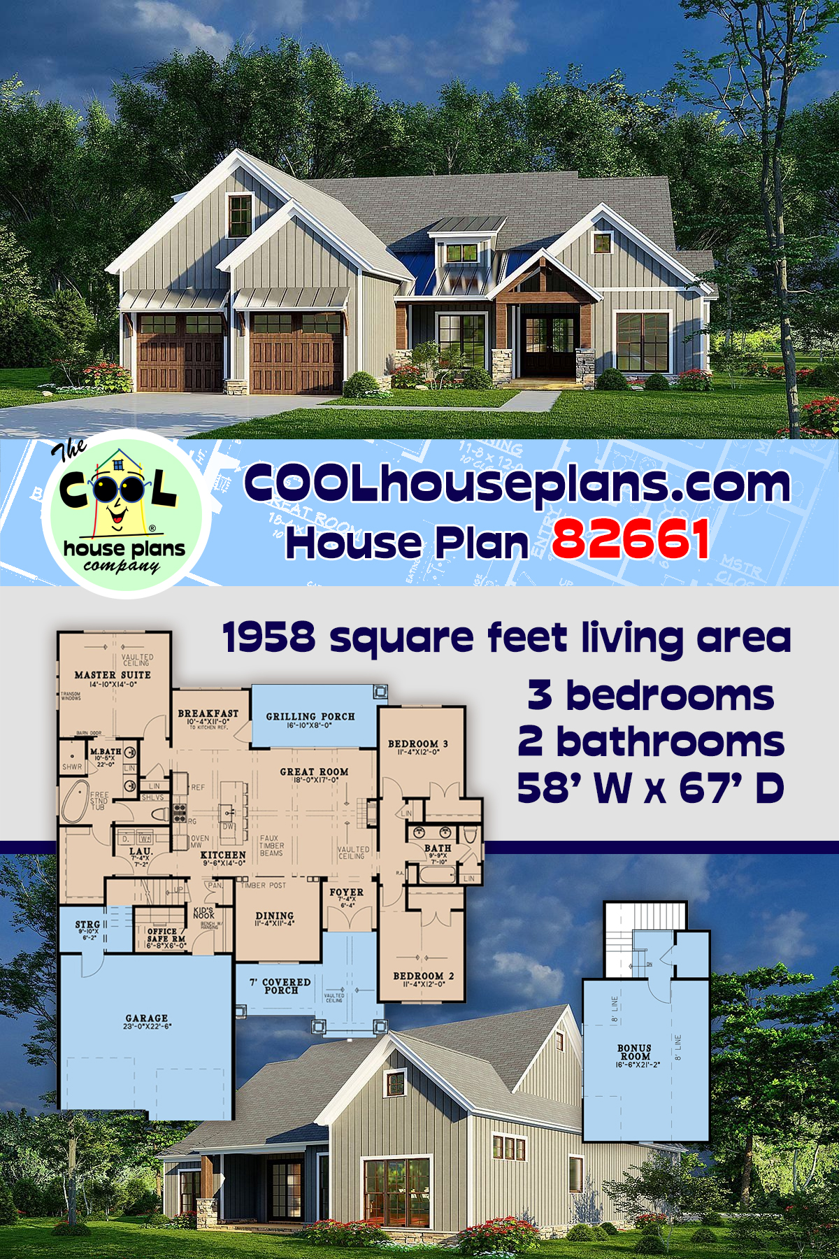 Bungalow, Cottage, Craftsman, Farmhouse, Traditional House Plan 82661 with 3 Beds, 2 Baths, 2 Car Garage