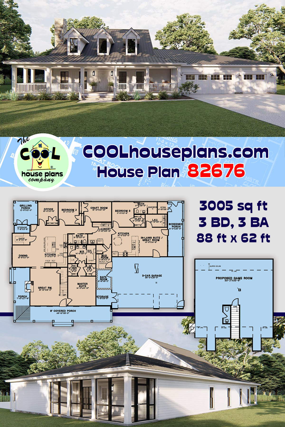 Country, Farmhouse, Southern, Traditional House Plan 82676 with 3 Beds, 3 Baths, 3 Car Garage