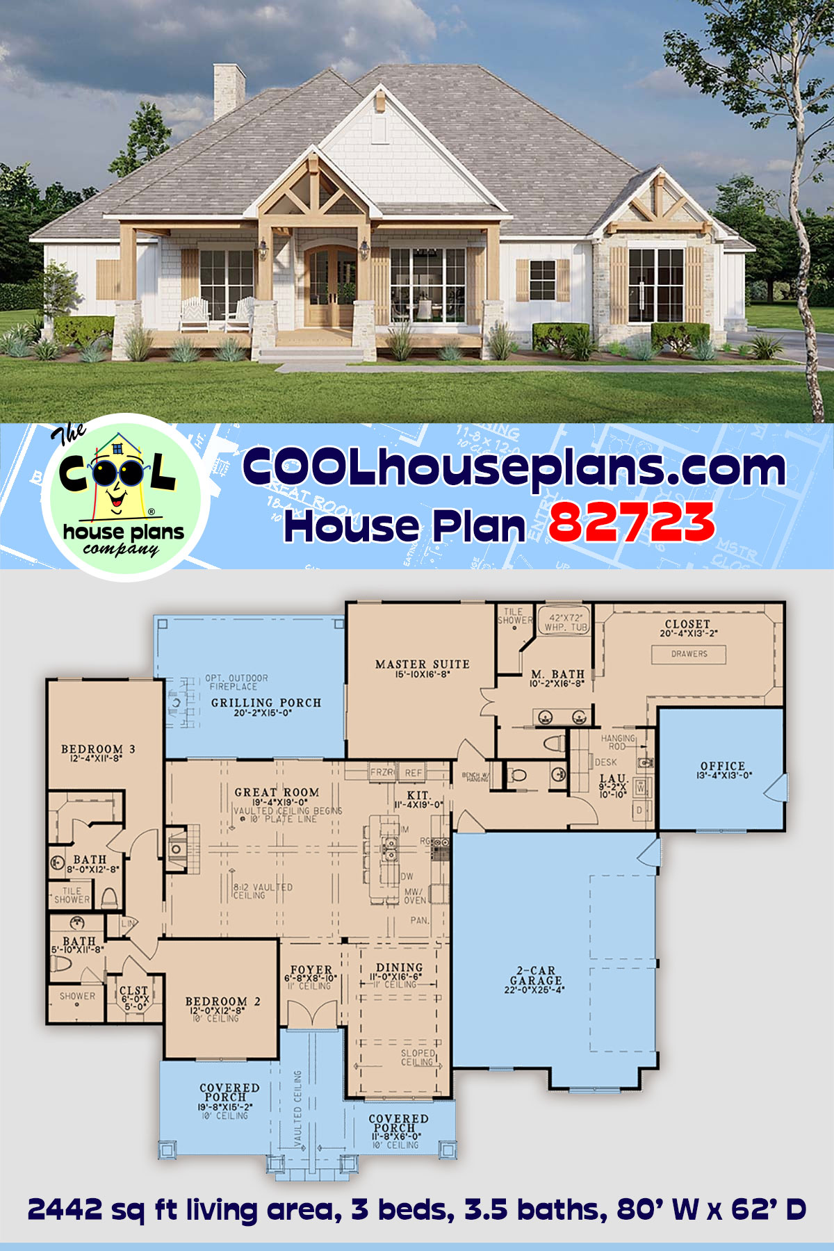 Bungalow, Coastal, Country, Craftsman, Farmhouse, Southern, Traditional House Plan 82723 with 3 Beds, 4 Baths, 2 Car Garage