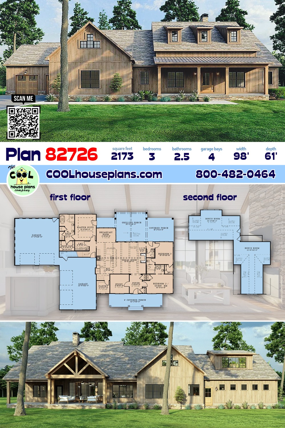 Bungalow, Country, Craftsman, Farmhouse, Southern, Traditional House Plan 82726 with 3 Beds, 3 Baths, 4 Car Garage