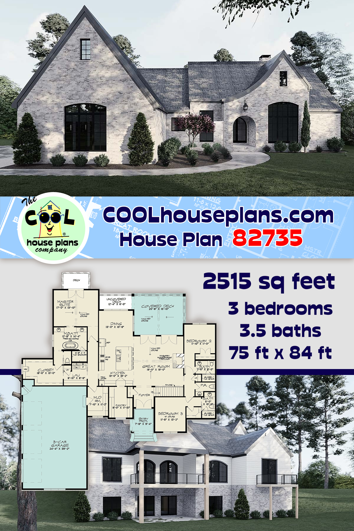 European, French Country House Plan 82735 with 3 Beds, 4 Baths, 3 Car Garage