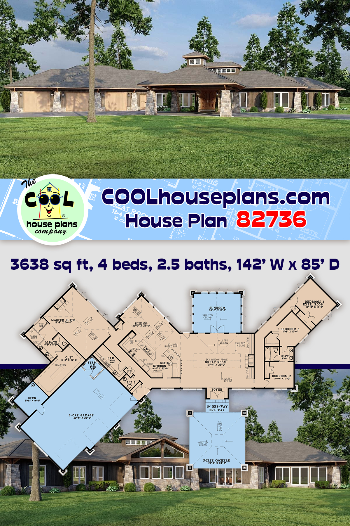 Contemporary, Prairie, Tuscan House Plan 82736 with 4 Beds, 3 Baths, 3 Car Garage