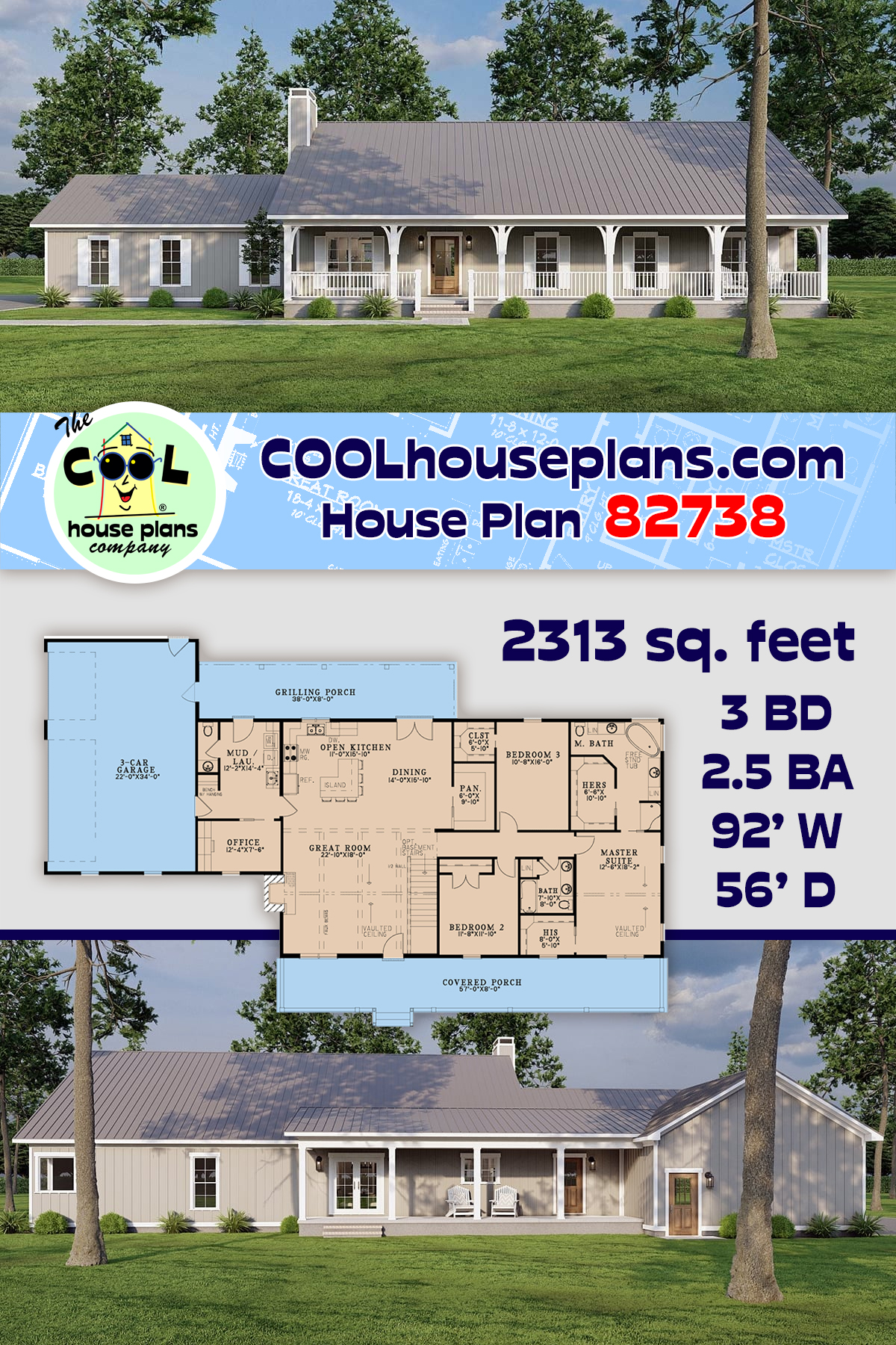 Cottage, Farmhouse, Ranch, Southern, Traditional House Plan 82738 with 3 Beds, 3 Baths, 3 Car Garage