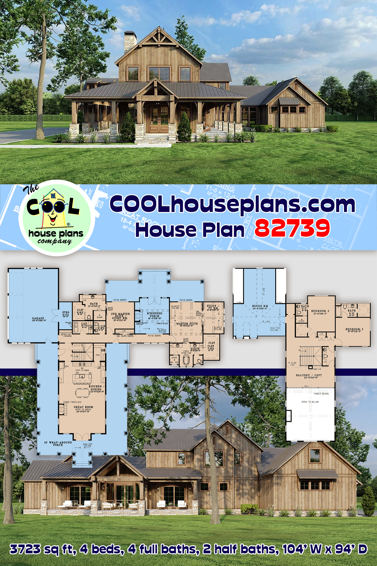 Barndominium, Farmhouse House Plan 82739 with 4 Beds, 6 Baths, 3 Car Garage