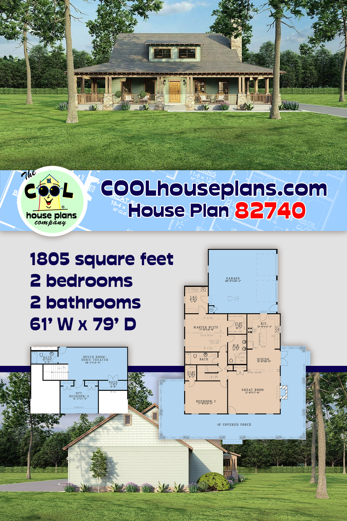 Cabin, Country, Farmhouse, Southern House Plan 82740 with 2 Beds, 2 Baths, 2 Car Garage