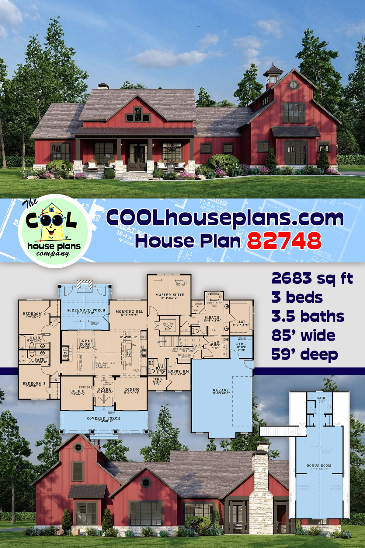 Barndominium, Country, Farmhouse House Plan 82748 with 3 Beds, 4 Baths, 2 Car Garage