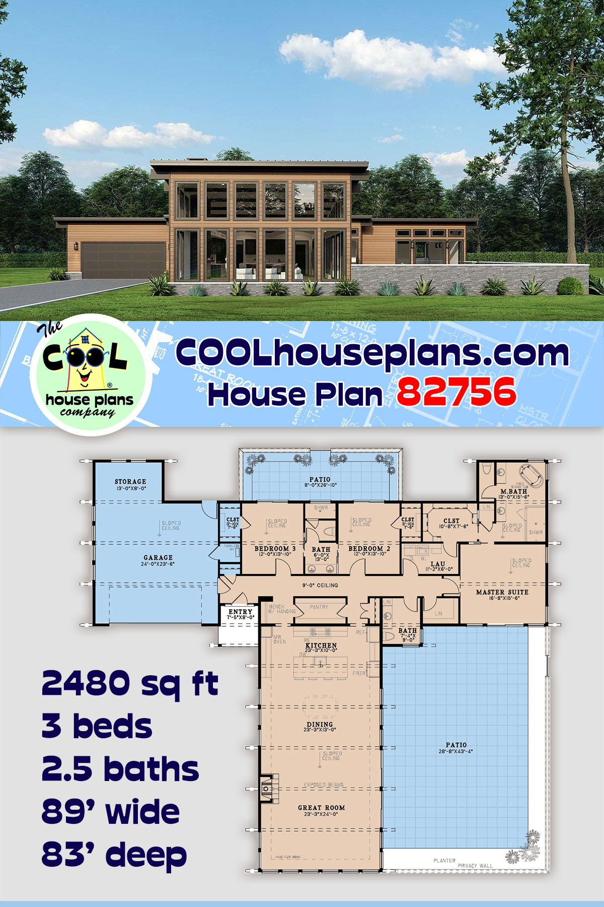 Coastal, Contemporary, Modern House Plan 82756 with 3 Beds, 3 Baths, 2 Car Garage