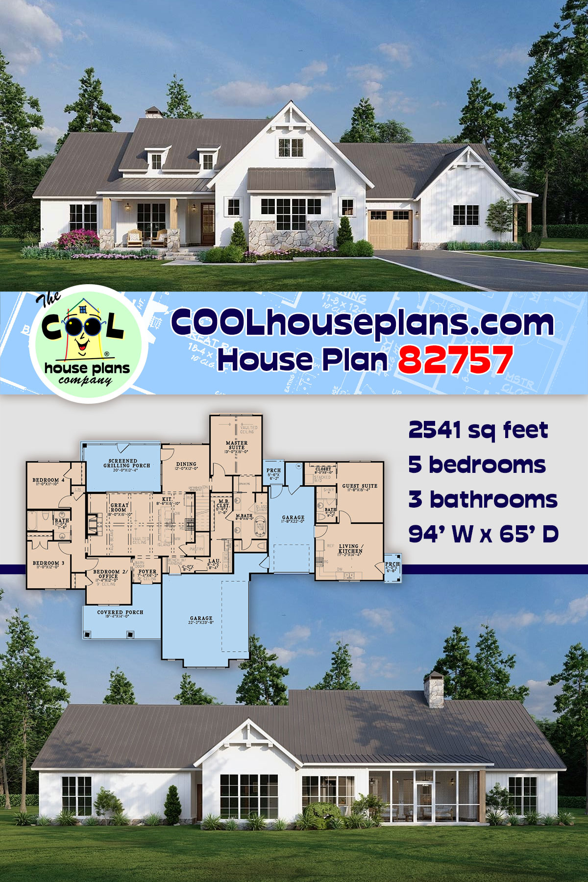 Farmhouse House Plan 82757 with 5 Beds, 3 Baths, 3 Car Garage