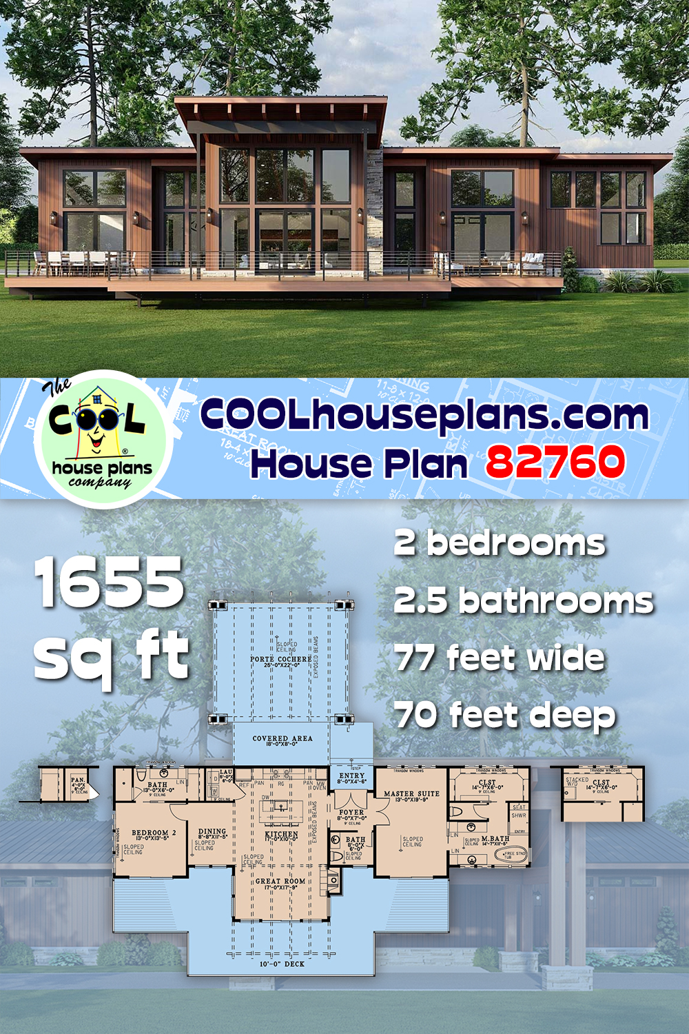 Coastal, Contemporary, Modern House Plan 82760 with 2 Beds, 3 Baths