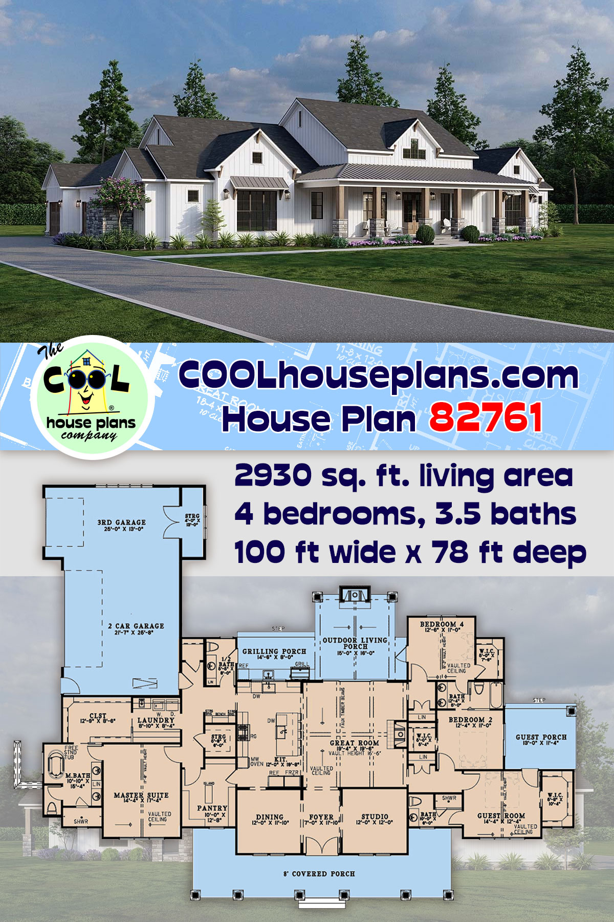 Craftsman, Farmhouse House Plan 82761 with 4 Beds, 4 Baths, 3 Car Garage