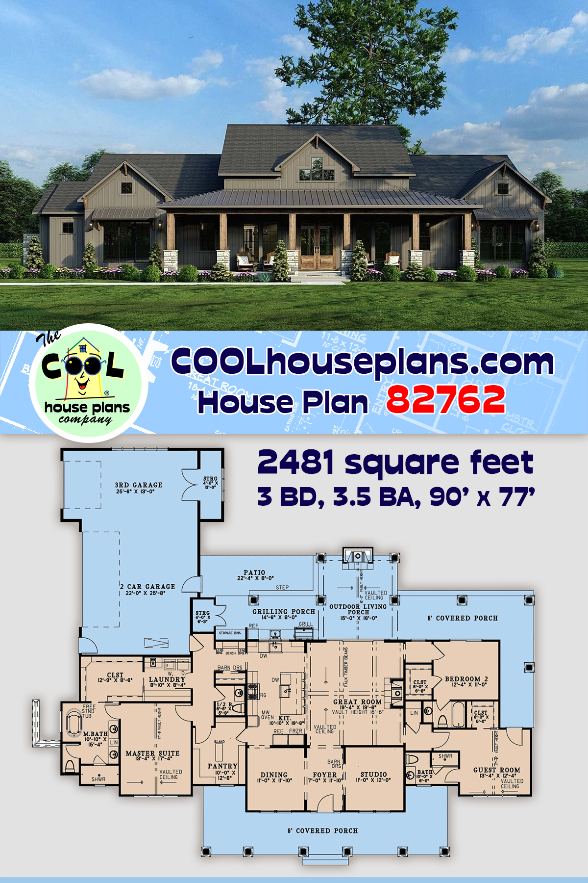 Country, Farmhouse, Southern House Plan 82762 with 3 Beds, 4 Baths, 3 Car Garage
