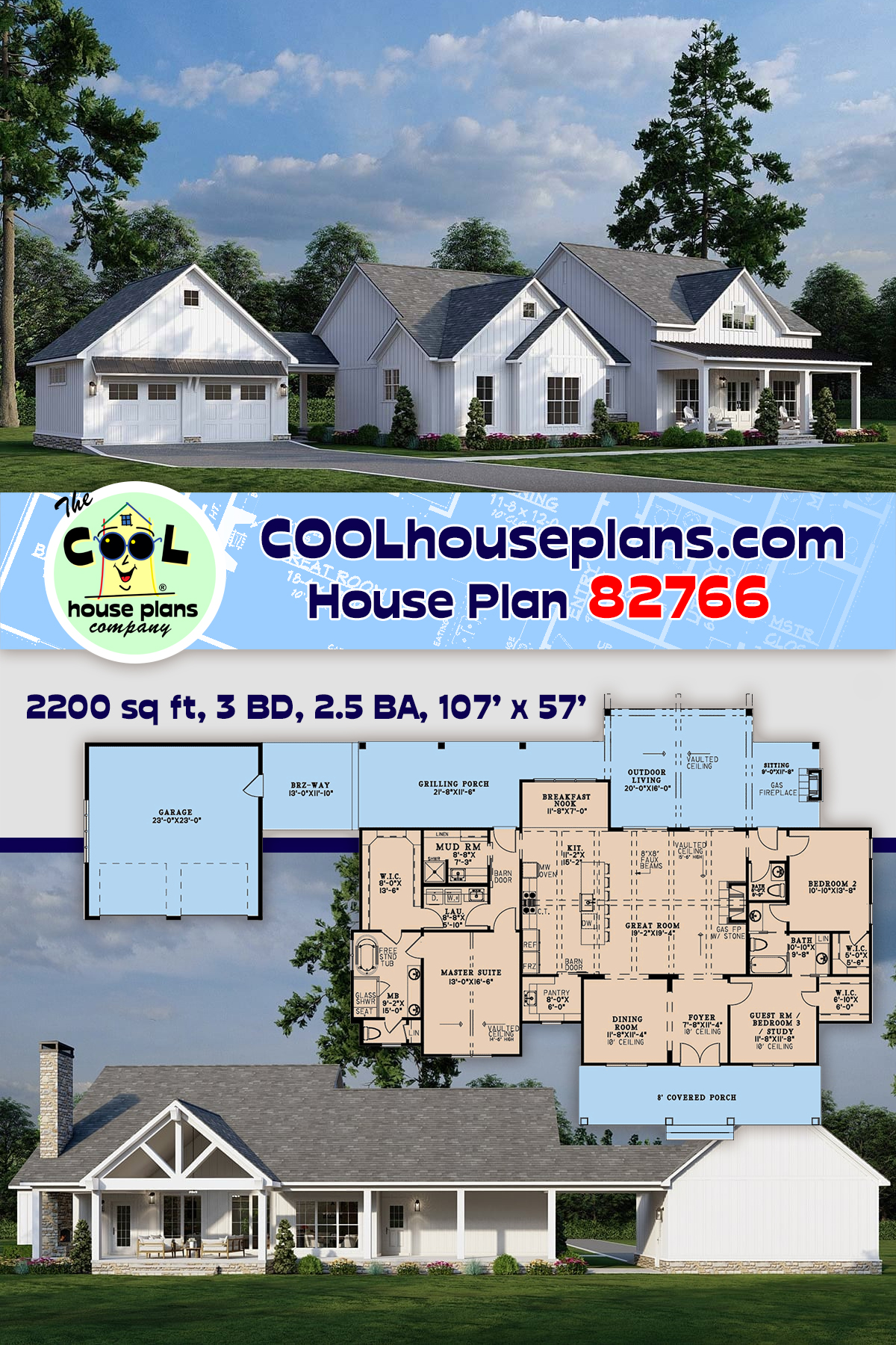 Barndominium, Farmhouse House Plan 82766 with 3 Beds, 3 Baths, 2 Car Garage