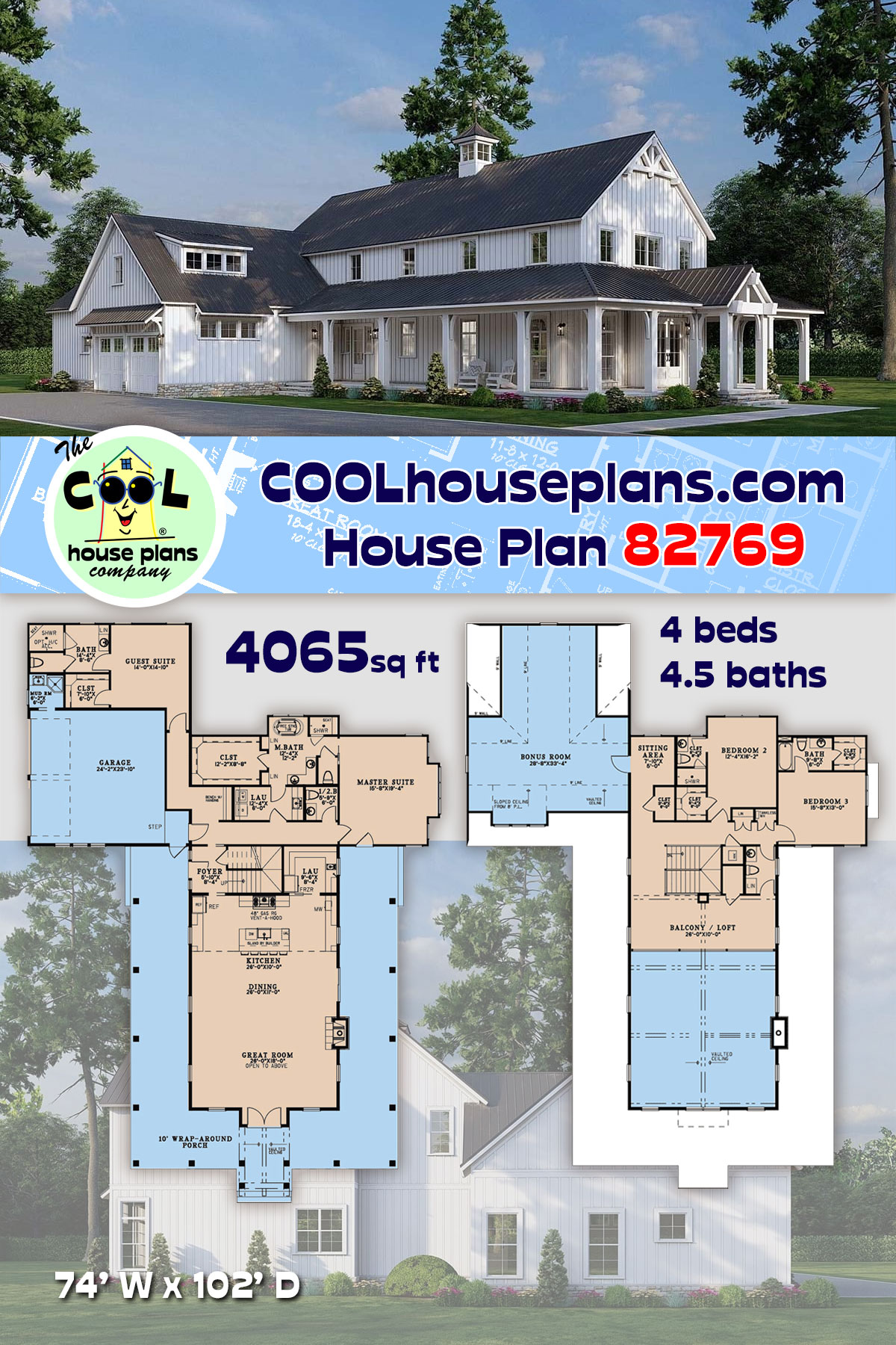 Barndominium, Country, Farmhouse House Plan 82769 with 4 Beds, 6 Baths, 2 Car Garage
