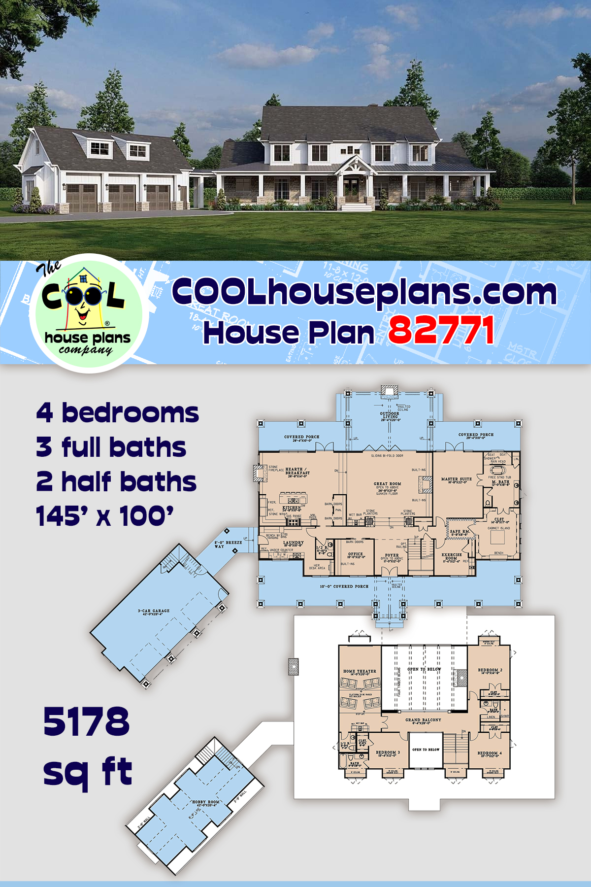 Country, Farmhouse House Plan 82771 with 4 Beds, 5 Baths, 3 Car Garage