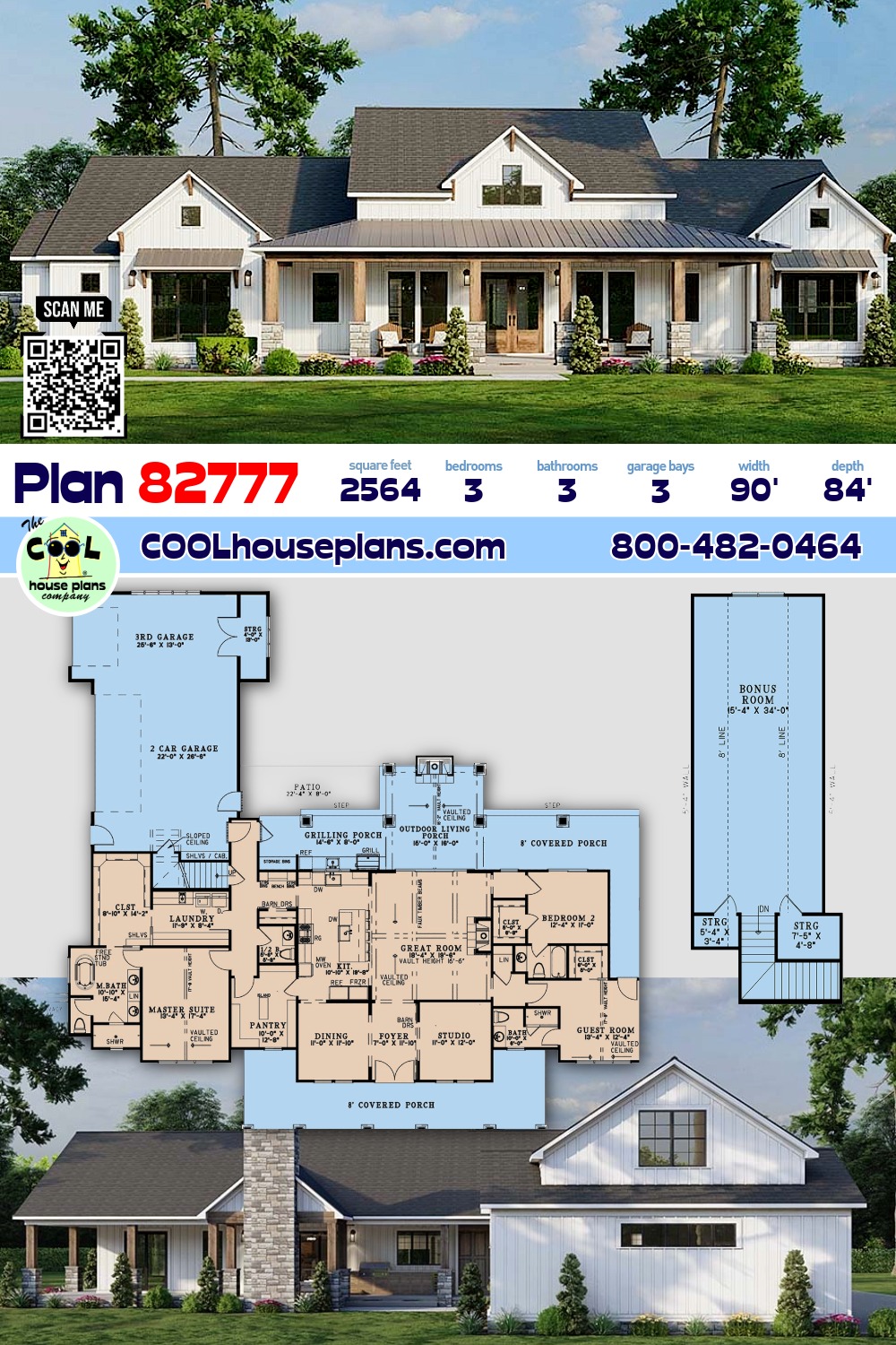 Craftsman, Farmhouse, Traditional House Plan 82777 with 3 Beds, 3 Baths, 3 Car Garage