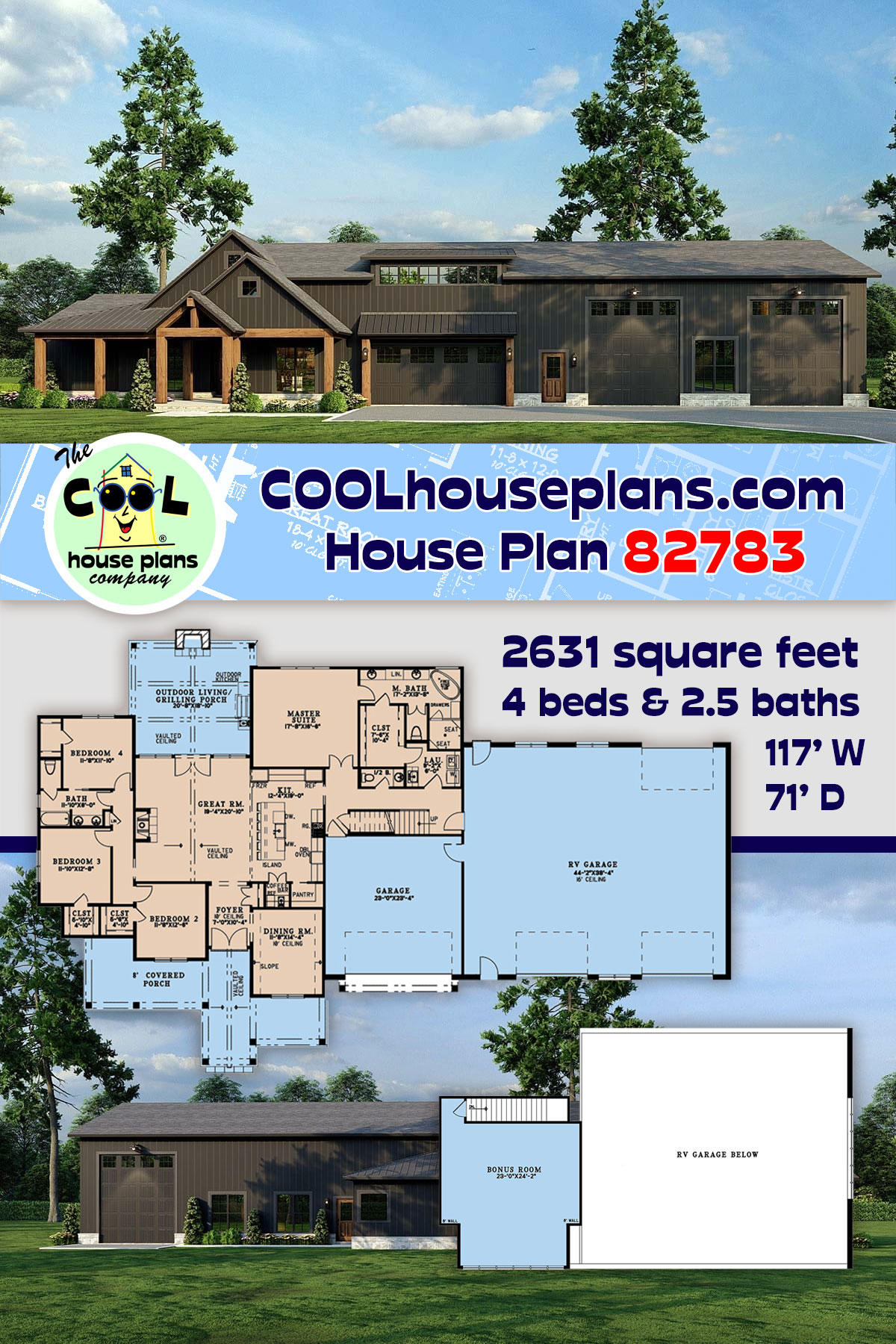 Barndominium, Country, Craftsman, Farmhouse House Plan 82783 with 4 Beds, 3 Baths, 4 Car Garage