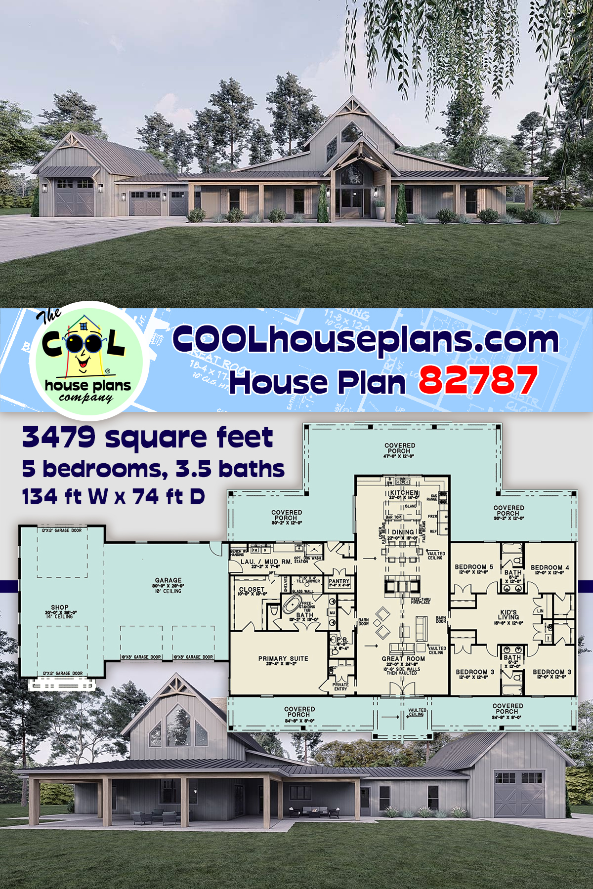 Barndominium, Contemporary, Country, Farmhouse House Plan 82787 with 5 Beds, 4 Baths, 4 Car Garage