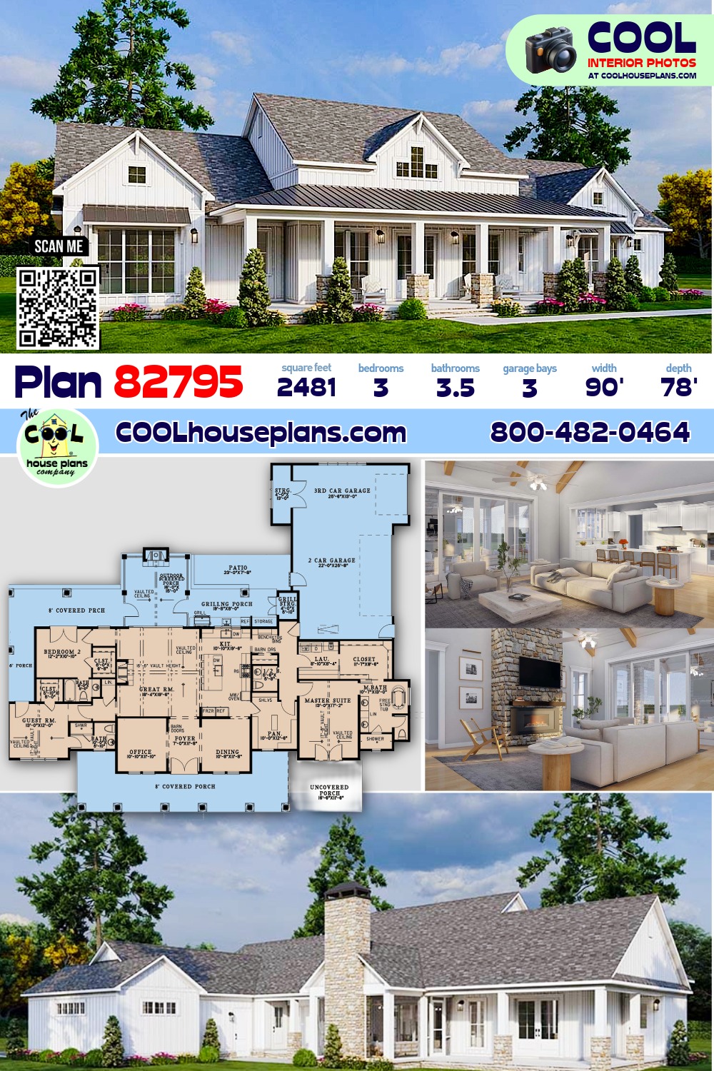 Contemporary, Country, Farmhouse House Plan 82795 with 3 Beds, 4 Baths, 3 Car Garage