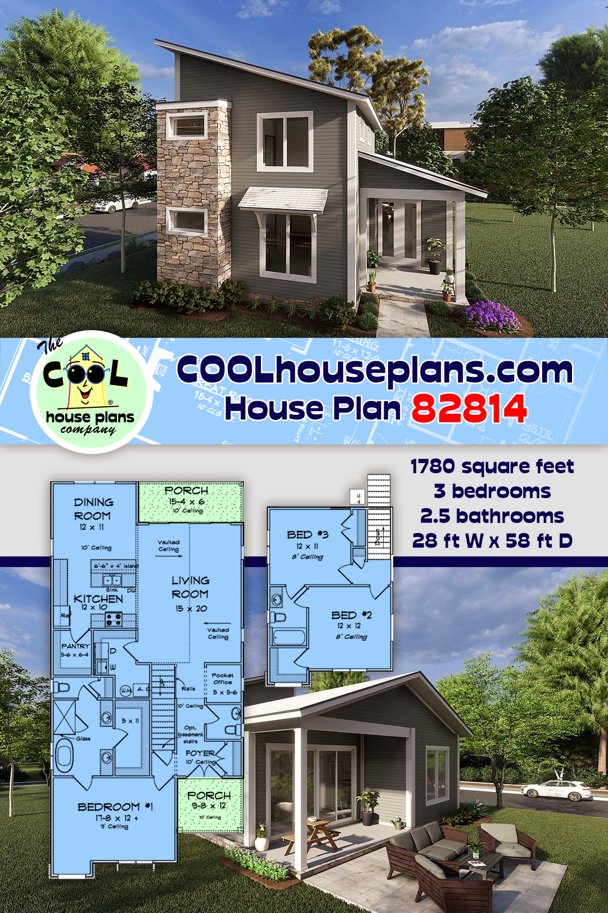 Contemporary, Modern House Plan 82814 with 3 Beds, 3 Baths