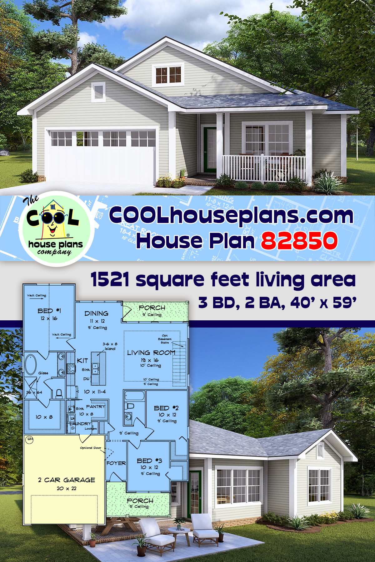Cottage, Craftsman, Traditional House Plan 82850 with 3 Beds, 2 Baths, 2 Car Garage