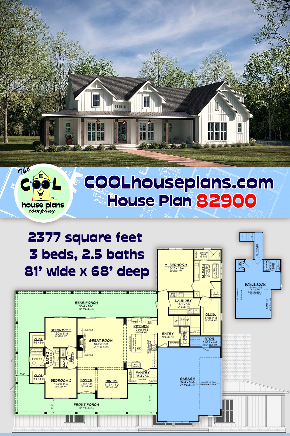 Country, Farmhouse, Southern House Plan 82900 with 3 Beds, 3 Baths, 2 Car Garage