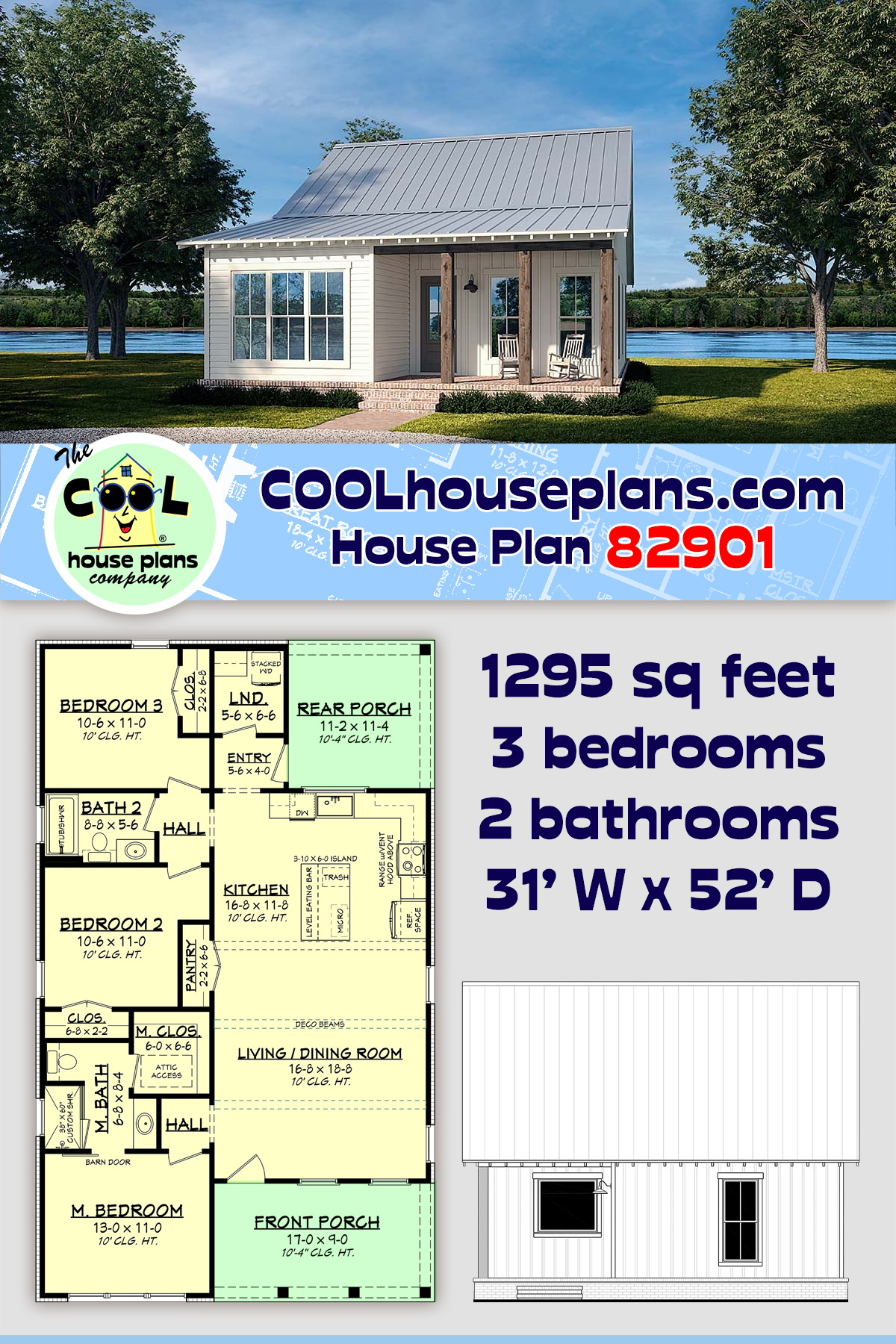 Cottage, Country, Farmhouse, Traditional House Plan 82901 with 3 Beds, 2 Baths