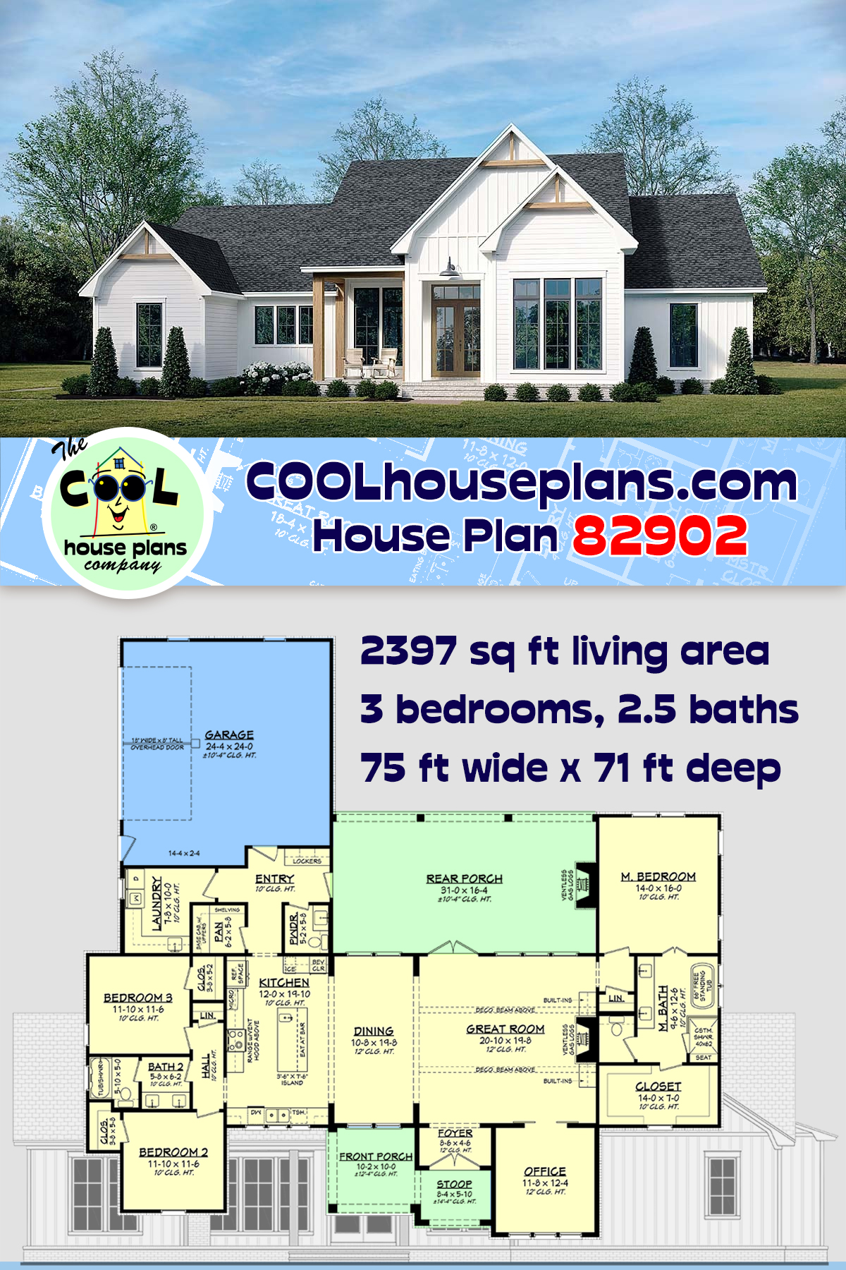 Country, Craftsman, Farmhouse, Southern House Plan 82902 with 3 Beds, 3 Baths, 2 Car Garage