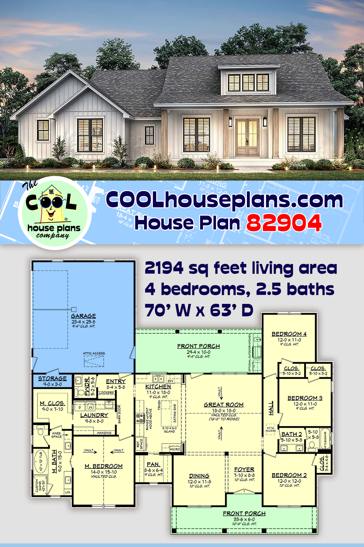 Country, Craftsman, Farmhouse, Traditional House Plan 82904 with 4 Beds, 3 Baths, 2 Car Garage
