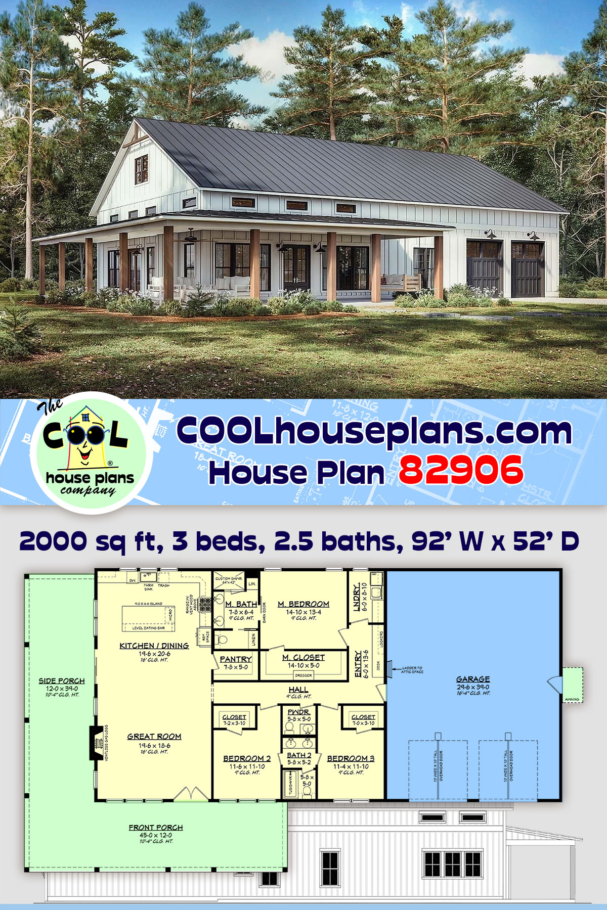 Barndominium, Country, Farmhouse, Traditional House Plan 82906 with 3 Beds, 3 Baths, 2 Car Garage