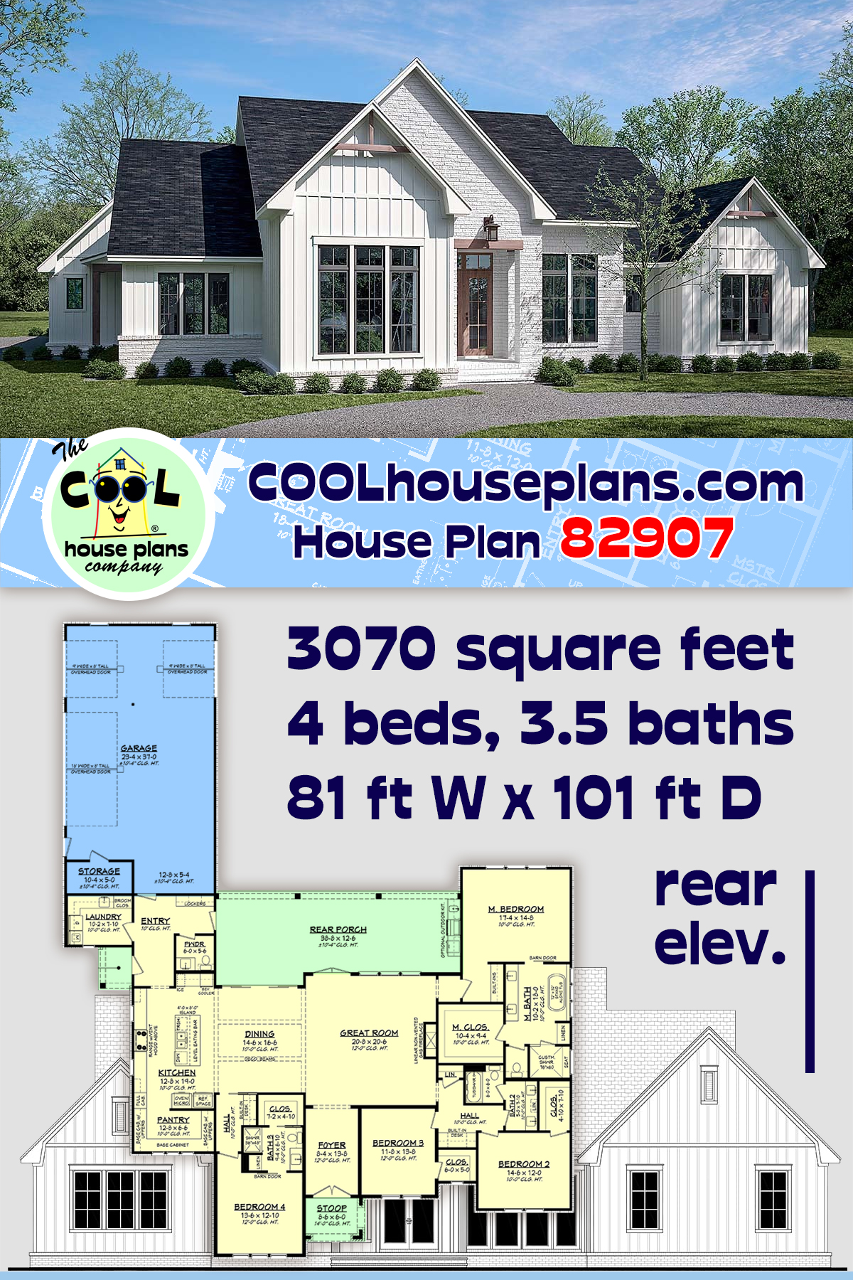 Contemporary, Country, Craftsman, Farmhouse, Southern, Traditional House Plan 82907 with 4 Beds, 4 Baths, 3 Car Garage