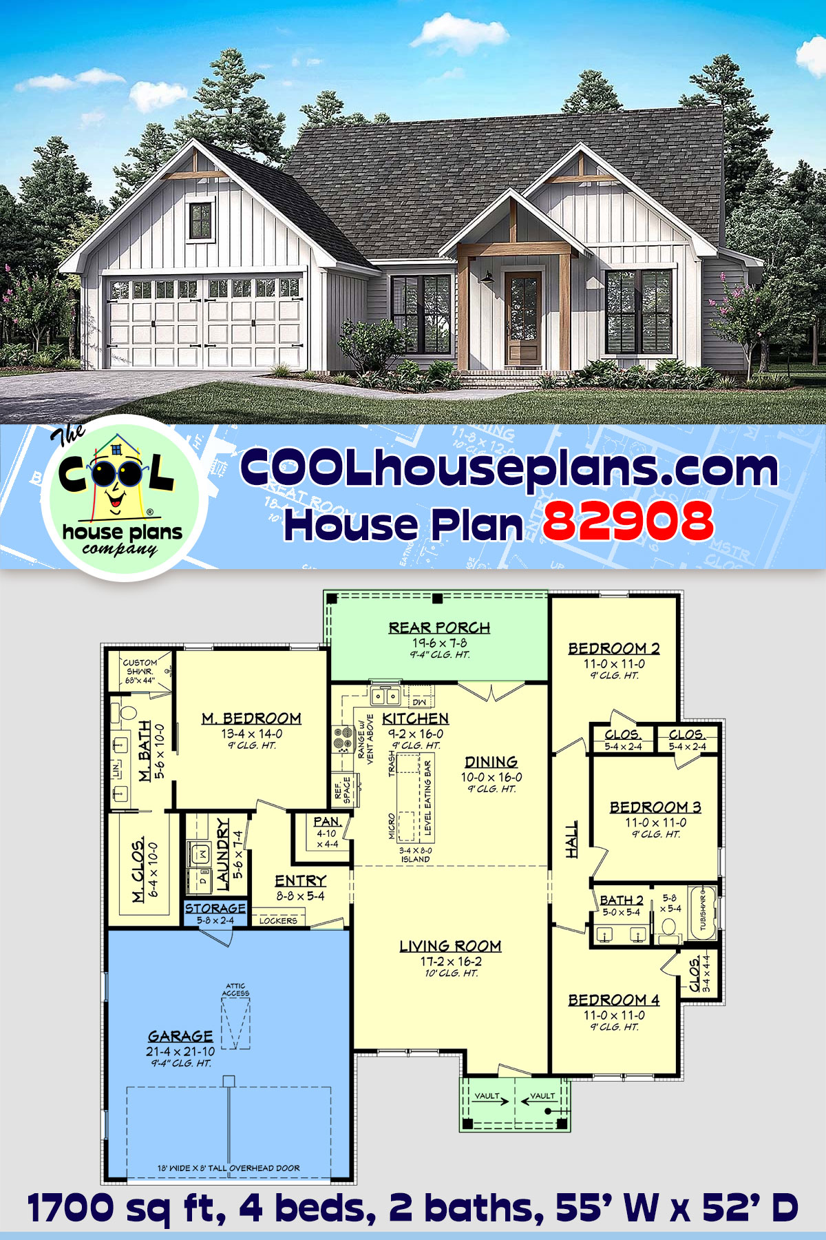 Country, Farmhouse, Traditional House Plan 82908 with 4 Beds, 2 Baths, 2 Car Garage