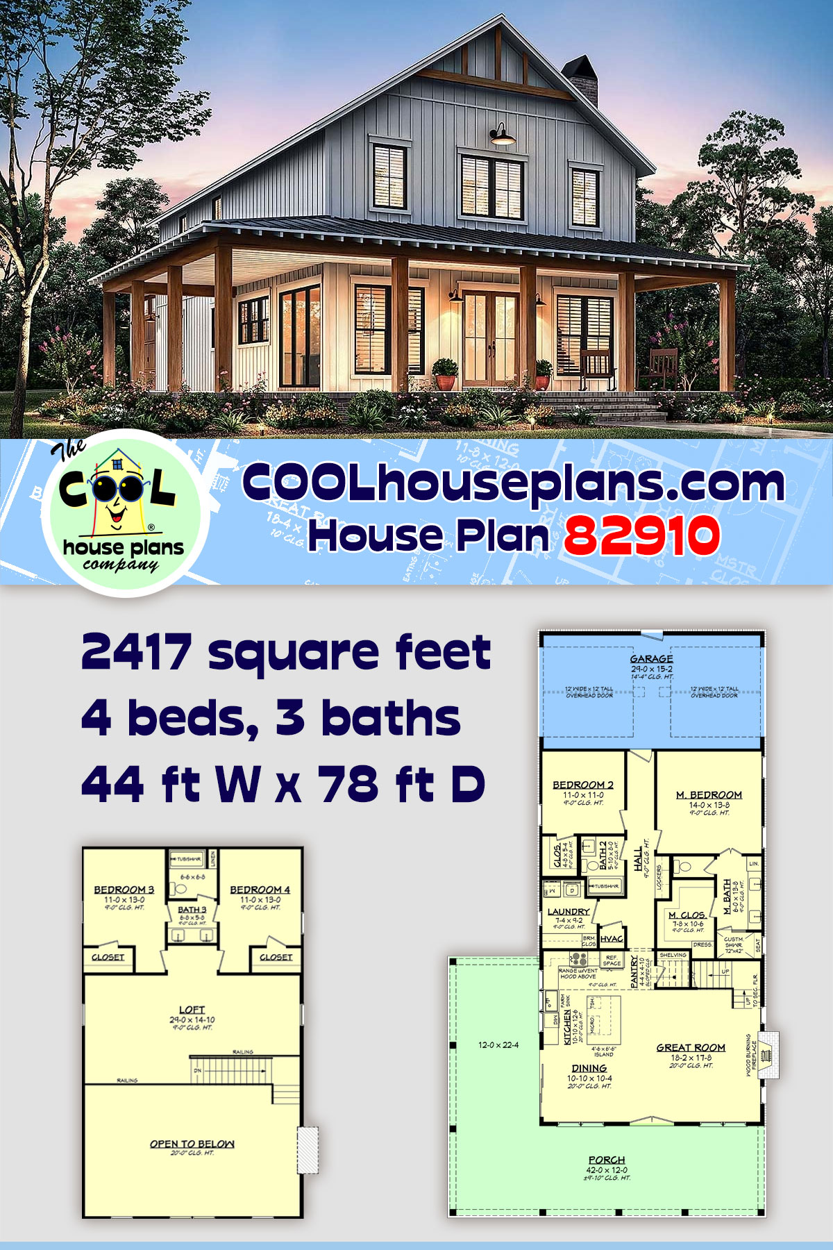 Barndominium, Country, Farmhouse, Southern House Plan 82910 with 4 Beds, 3 Baths, 1 Car Garage