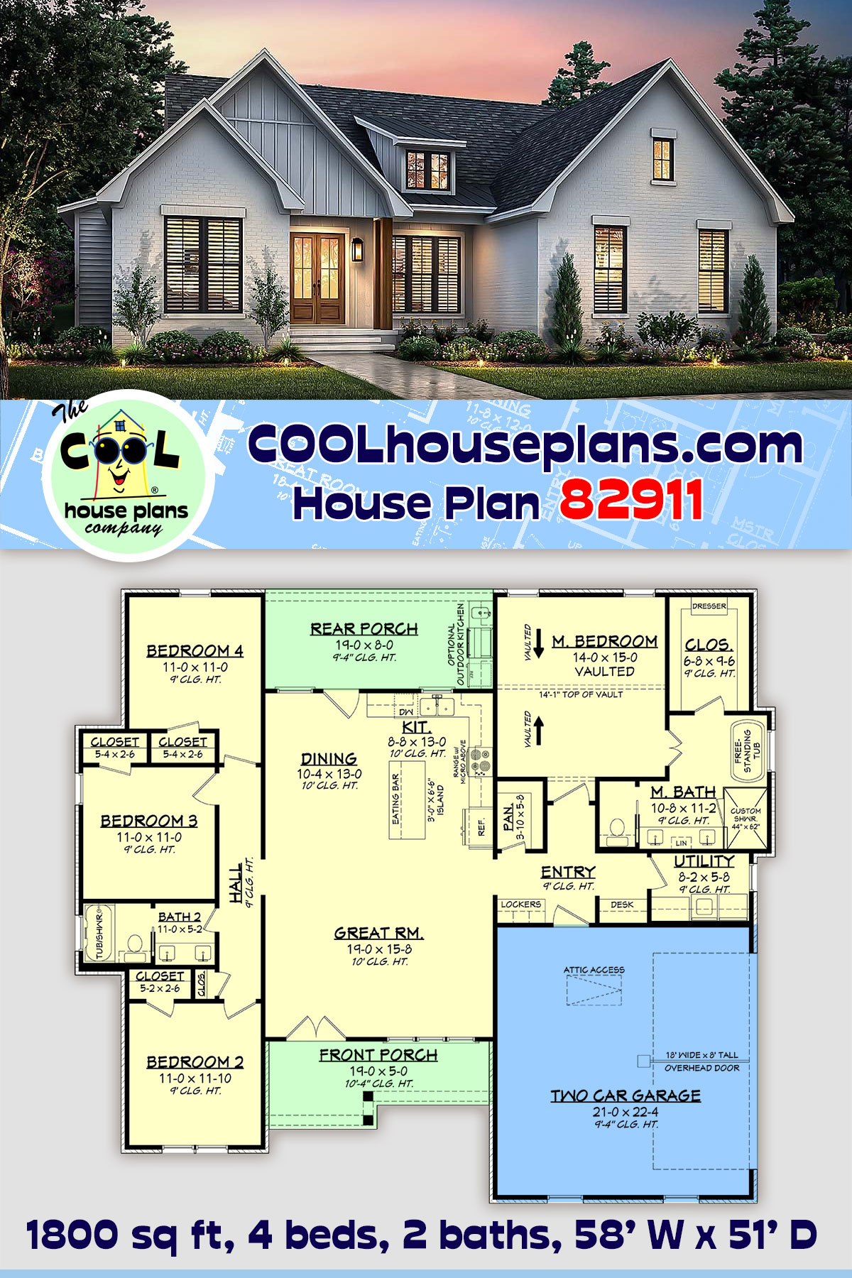 Country, Farmhouse, Traditional House Plan 82911 with 4 Beds, 2 Baths, 2 Car Garage