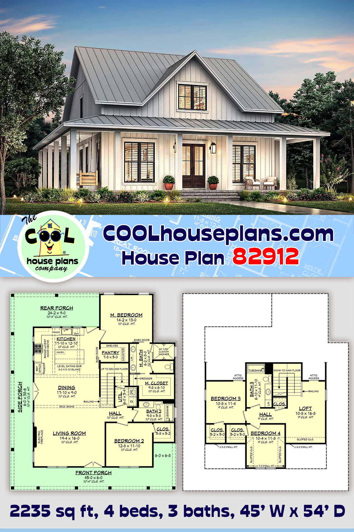 Country, Farmhouse, Traditional House Plan 82912 with 4 Beds, 3 Baths