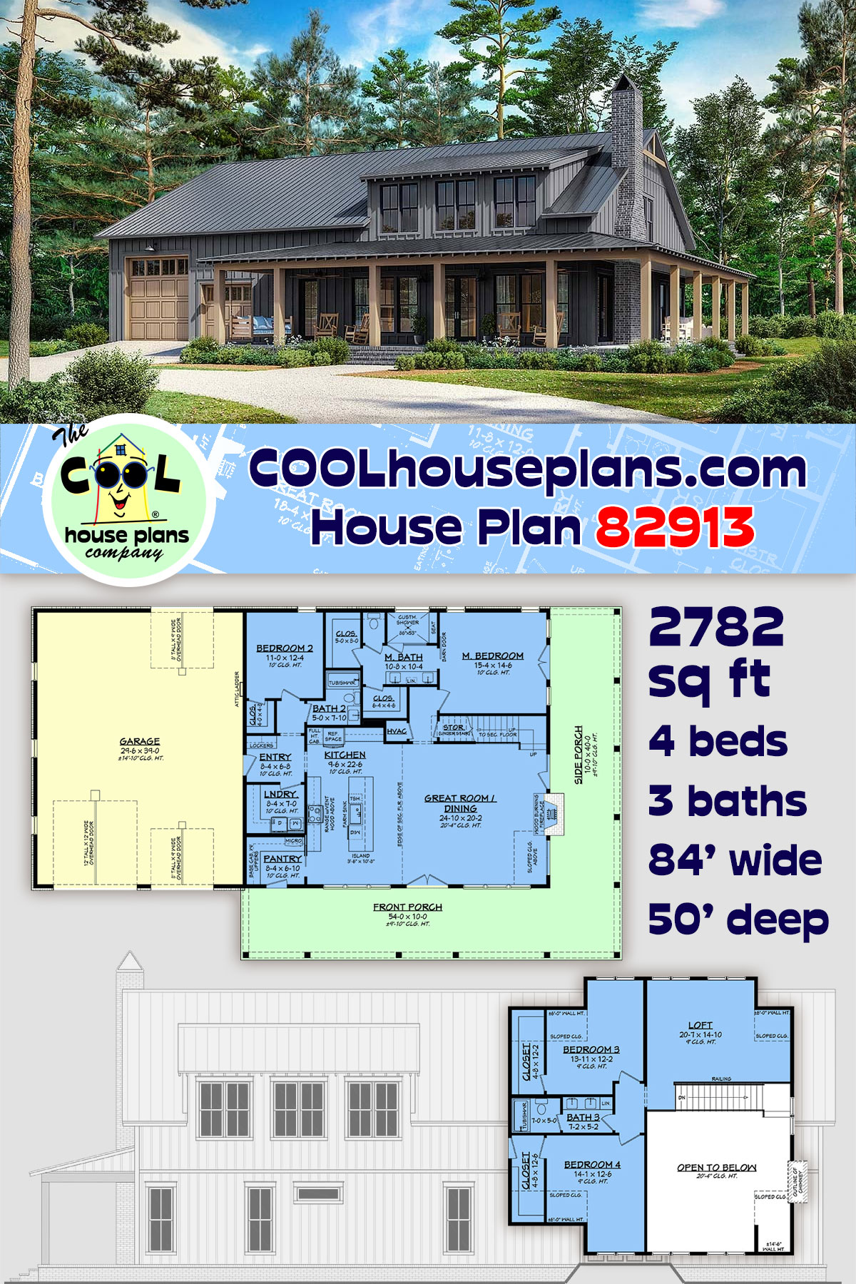 Barndominium, Farmhouse, Southern, Traditional House Plan 82913 with 4 Beds, 3 Baths, 4 Car Garage