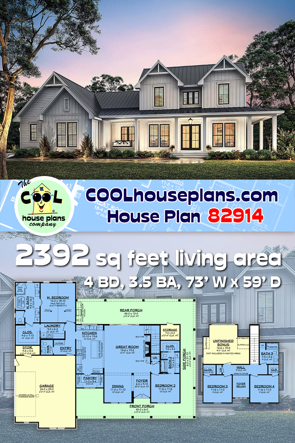 Country, Craftsman, Farmhouse, Southern House Plan 82914 with 4 Beds, 4 Baths, 2 Car Garage