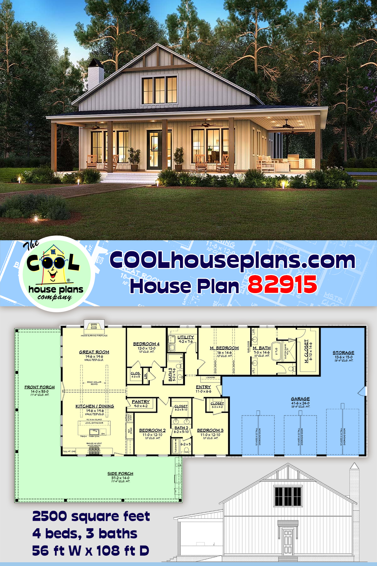 Barndominium, Country, Farmhouse, Traditional House Plan 82915 with 4 Beds, 3 Baths, 3 Car Garage