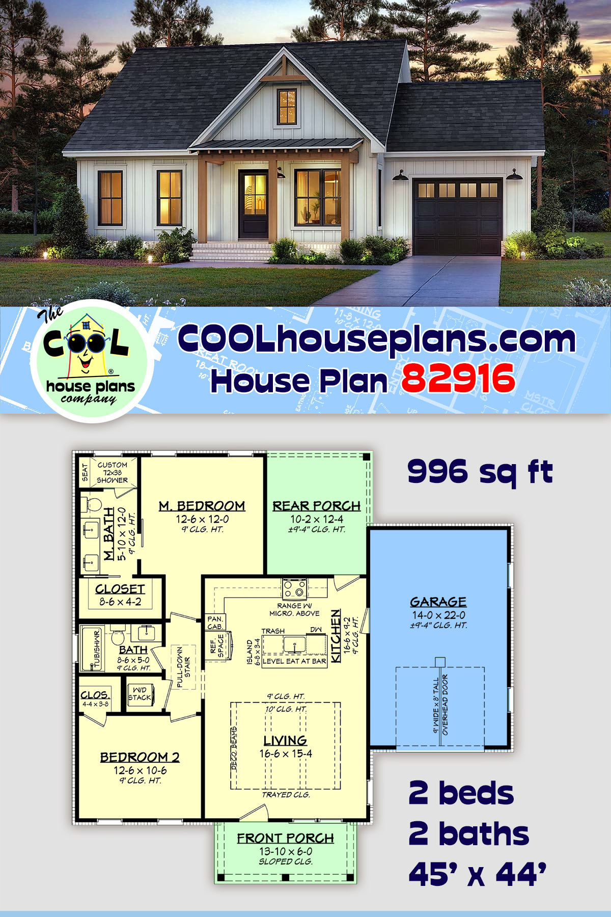 Cottage, Country, Craftsman, Farmhouse, Southern House Plan 82916 with 2 Beds, 2 Baths, 1 Car Garage