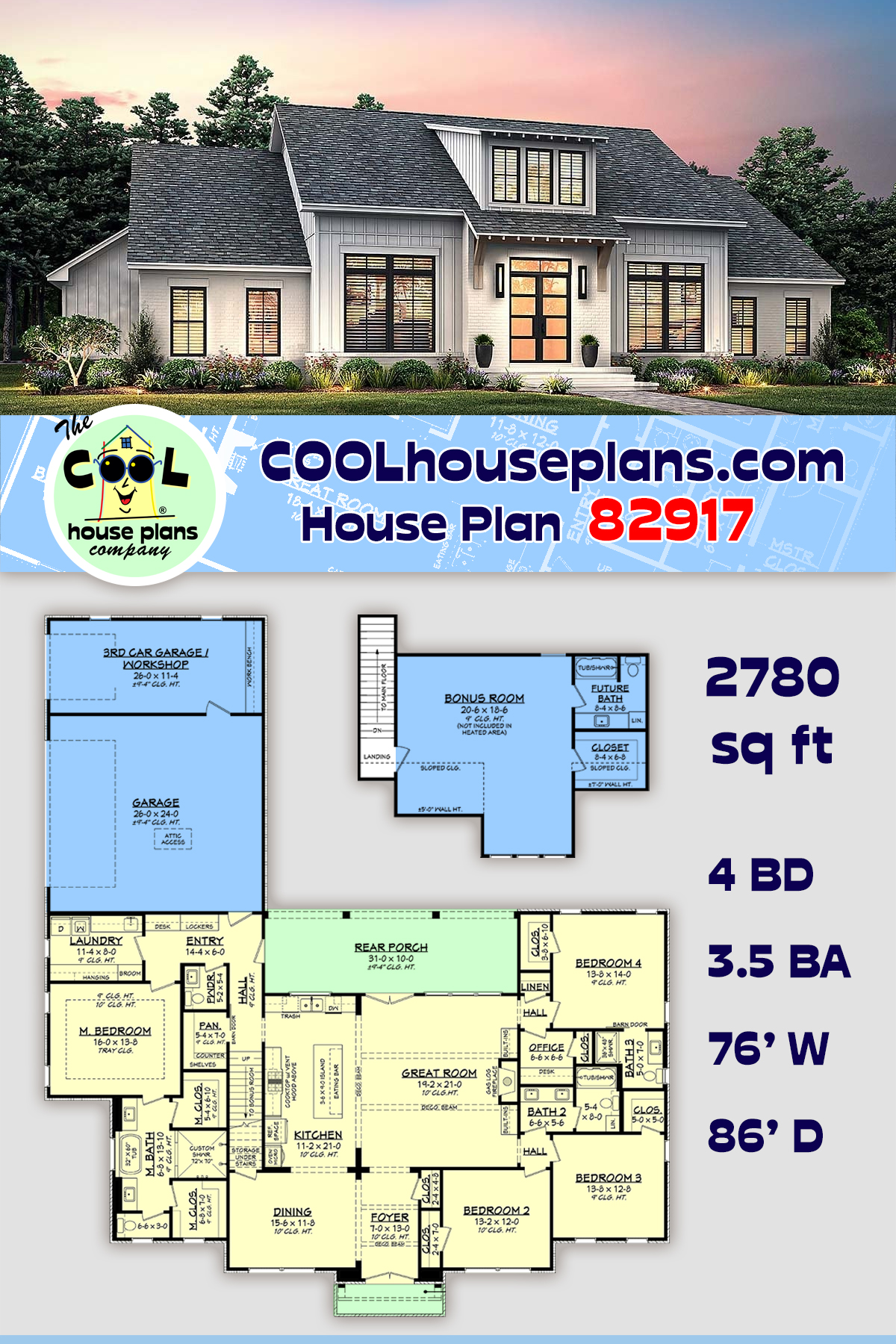Farmhouse, Traditional House Plan 82917 with 4 Beds, 4 Baths, 3 Car Garage