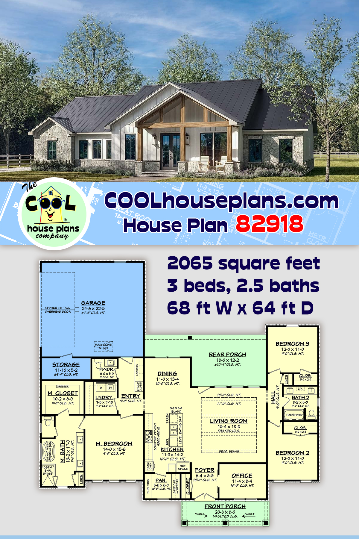 Cottage, Country, Craftsman, Farmhouse, Southern House Plan 82918 with 3 Beds, 3 Baths, 2 Car Garage