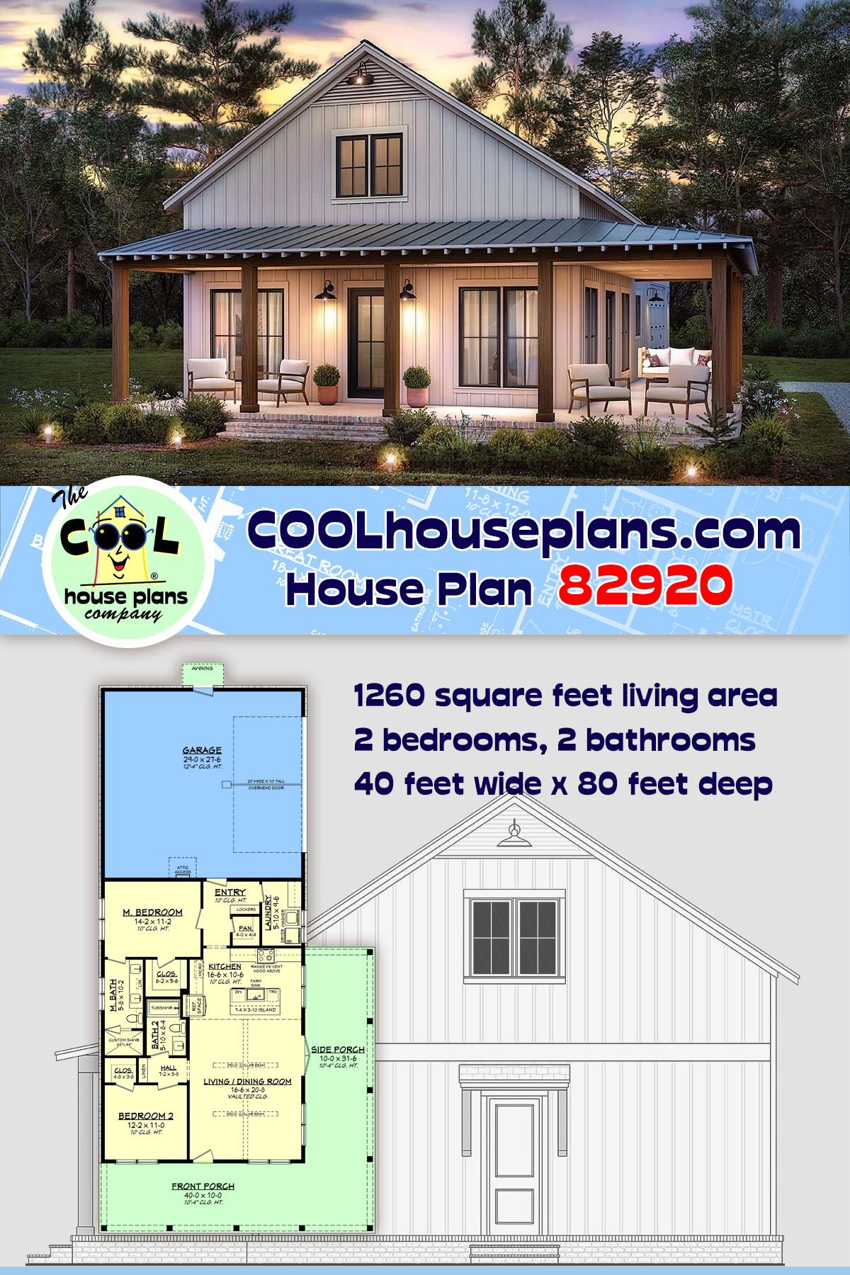 Barndominium, Country, Farmhouse, Traditional House Plan 82920 with 2 Beds, 2 Baths, 2 Car Garage