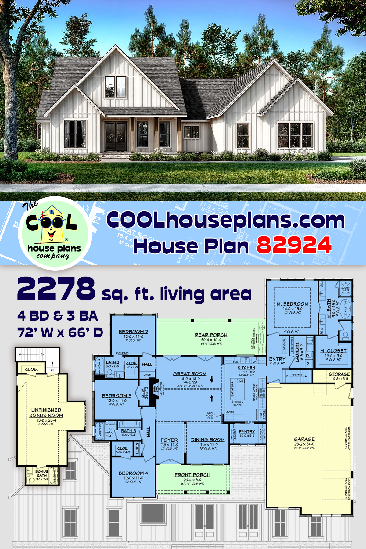 Country, Craftsman, Farmhouse, Traditional House Plan 82924 with 4 Beds, 3 Baths, 2.5 Car Garage