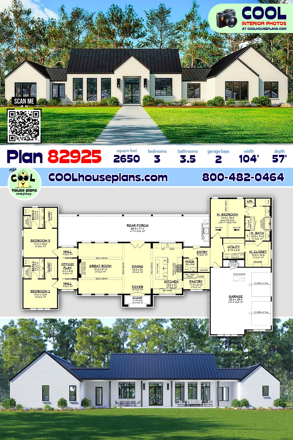 Farmhouse, Modern, Ranch House Plan 82925 with 3 Beds, 4 Baths, 2 Car Garage