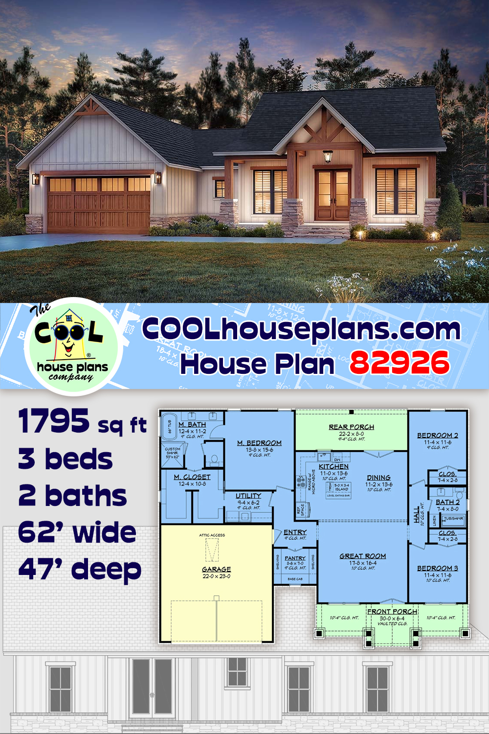 Country, Farmhouse, Traditional House Plan 82926 with 3 Beds, 2 Baths, 2 Car Garage