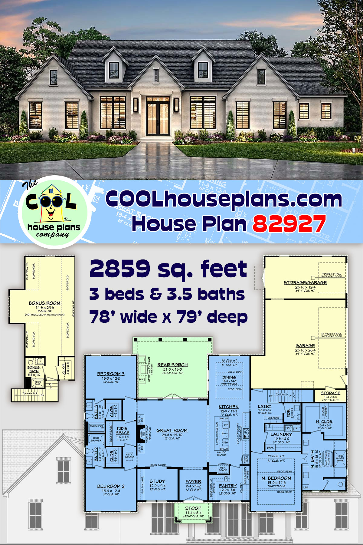 Contemporary, Southern, Traditional House Plan 82927 with 3 Beds, 4 Baths, 3 Car Garage