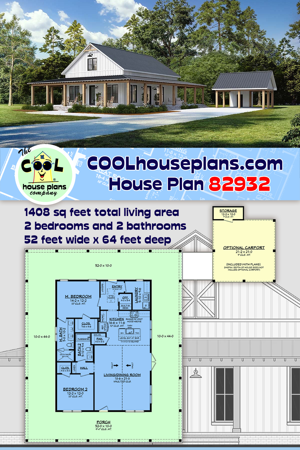 Barndominium, Cottage, Country, Farmhouse House Plan 82932 with 2 Beds, 2 Baths, 2 Car Garage