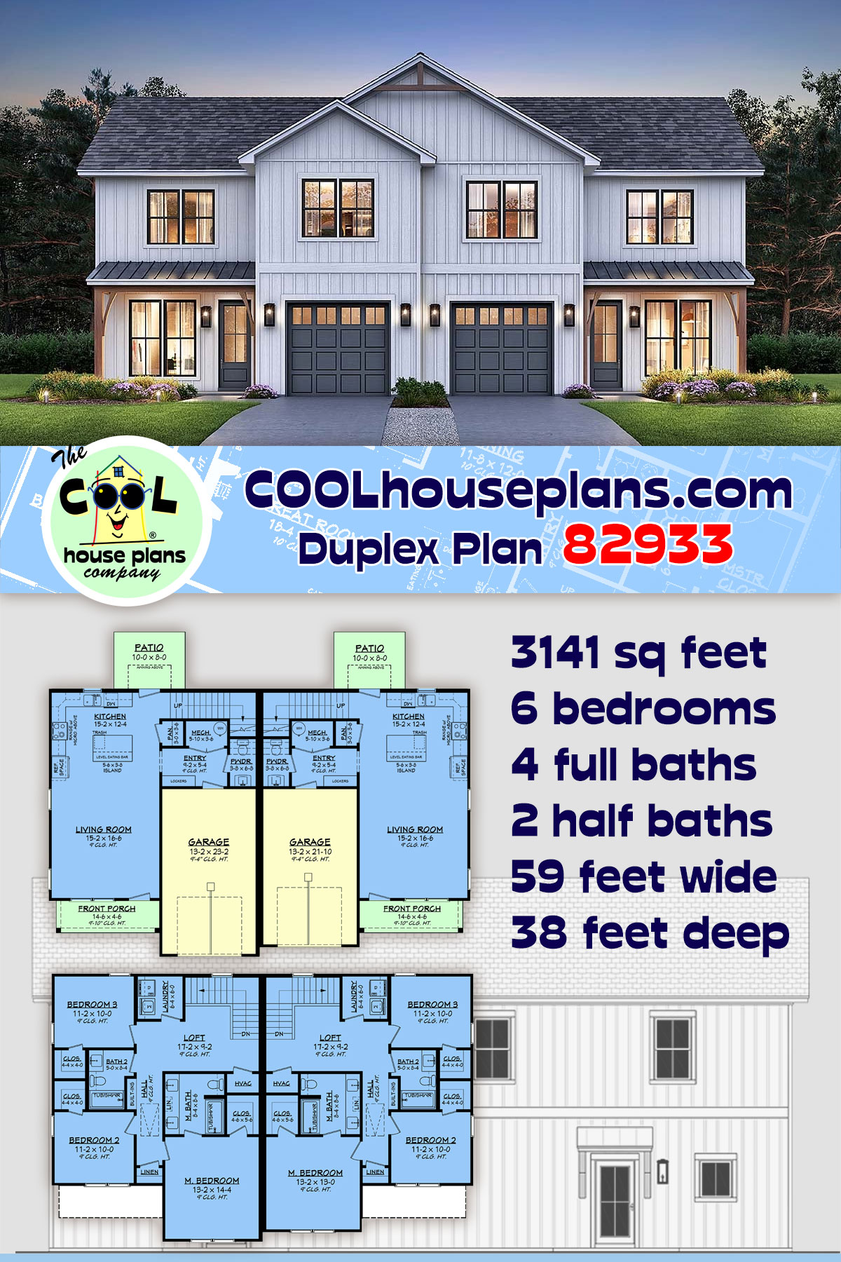 Country, Farmhouse, Traditional Multi-Family Plan 82933 with 6 Beds, 6 Baths, 2 Car Garage