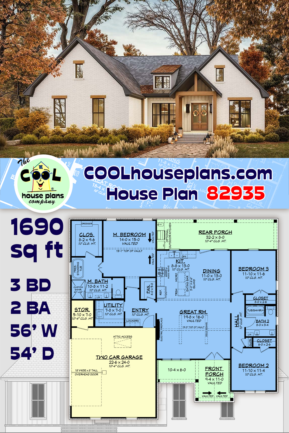 Country, Farmhouse, Traditional House Plan 82935 with 3 Beds, 2 Baths, 2 Car Garage