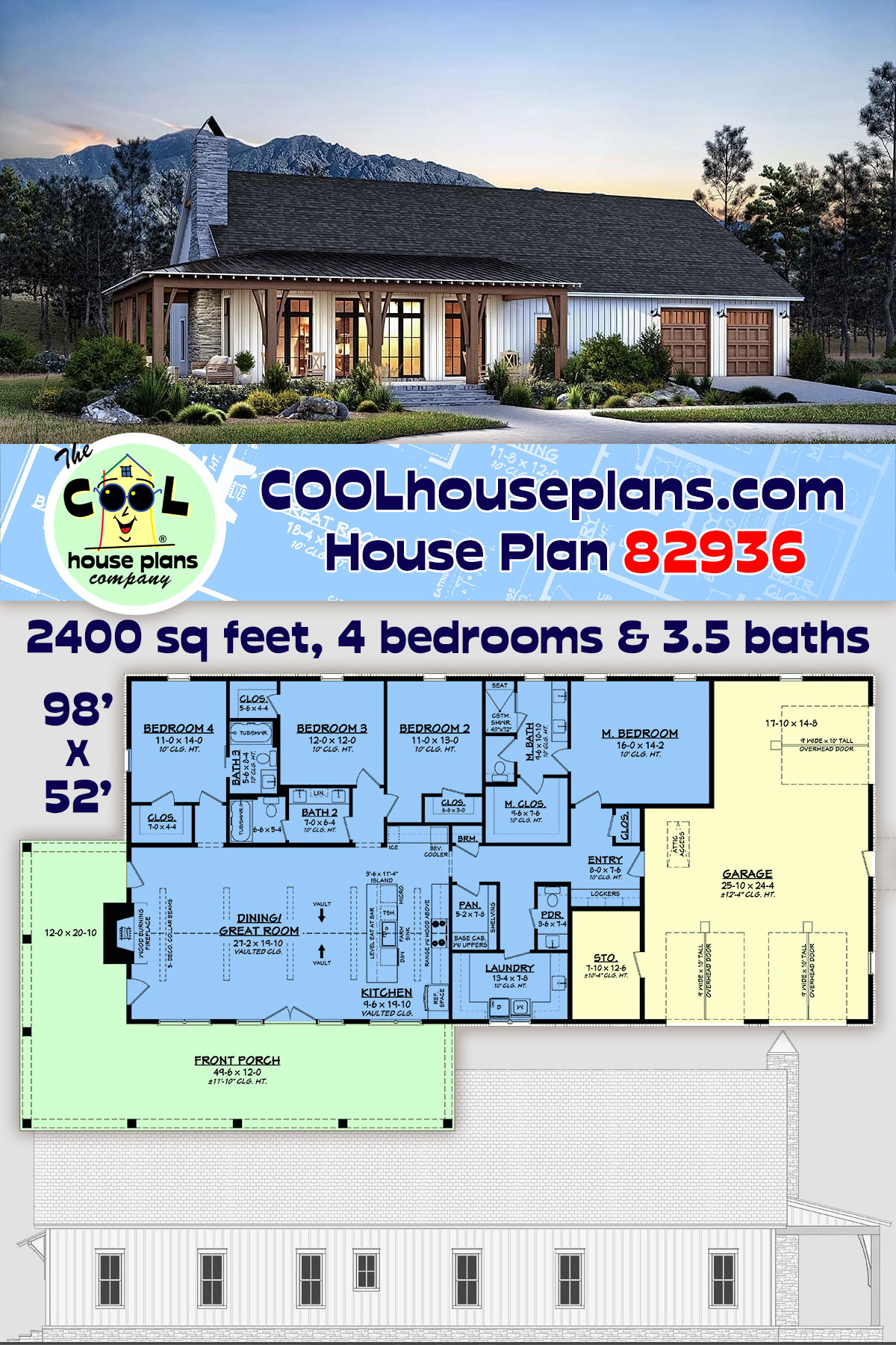 Barndominium, Country, Farmhouse House Plan 82936 with 4 Beds, 4 Baths, 2 Car Garage
