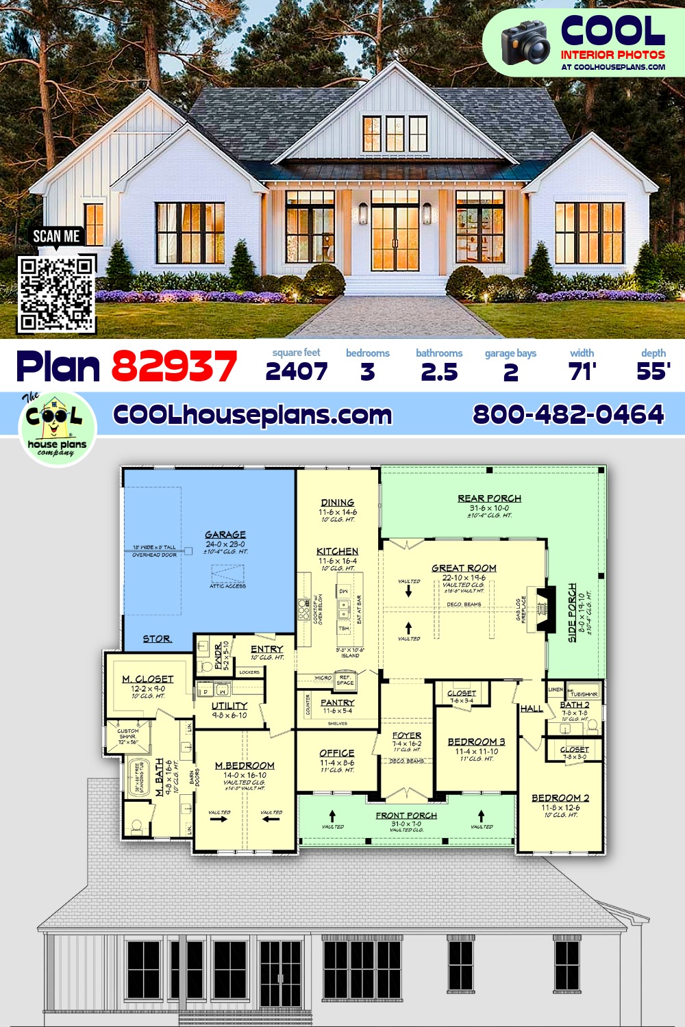 Country, Farmhouse, New American House Plan 82937 with 3 Beds, 3 Baths, 2 Car Garage